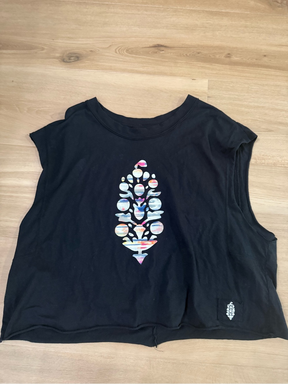Free People Black Crop Tank with Rainbow Feather Motif